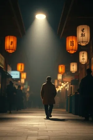 放映机房内老式胶片盘正在转动，光柱穿过小窗打在墙上